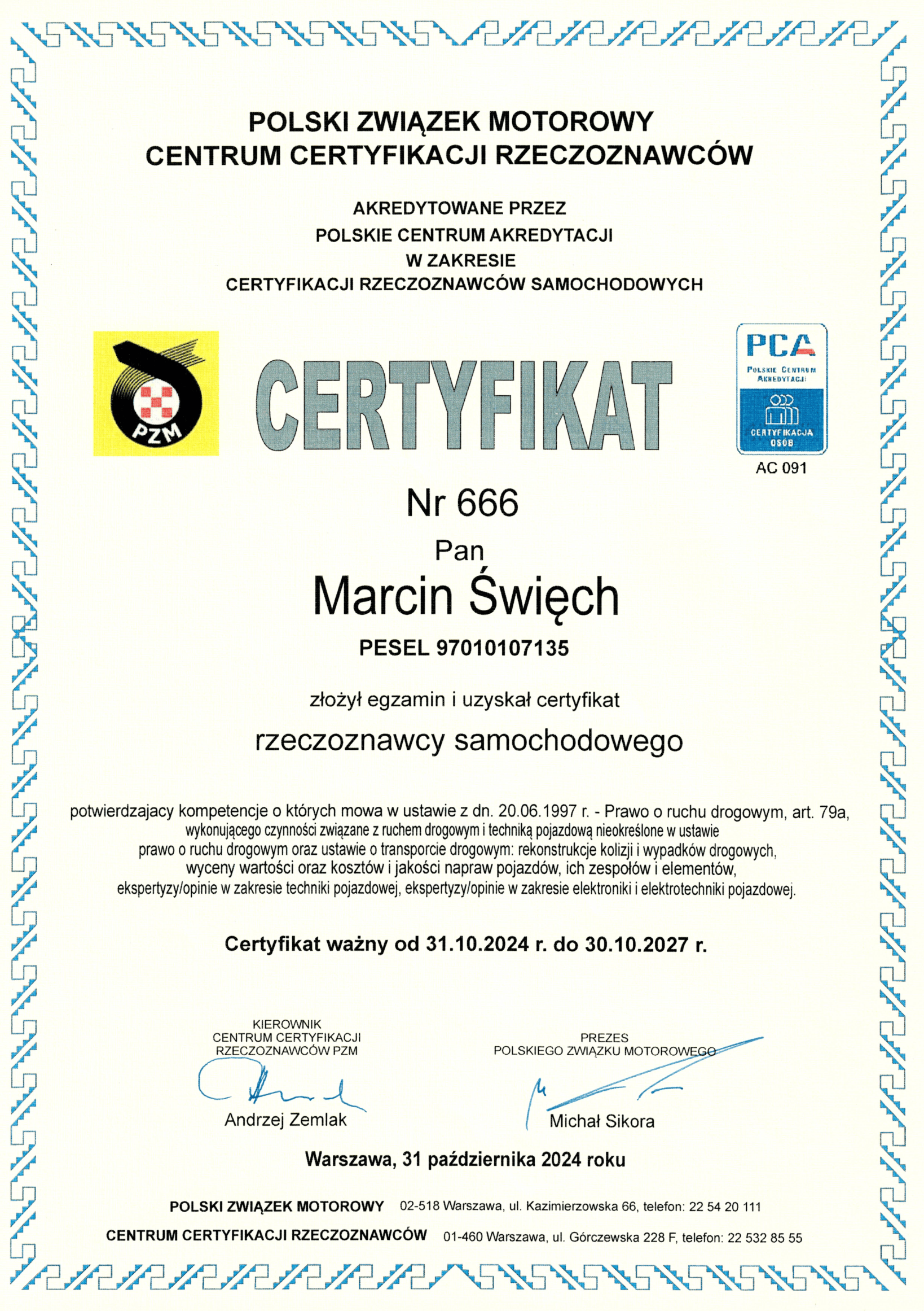 Certyfikaty rzeczoznawcy